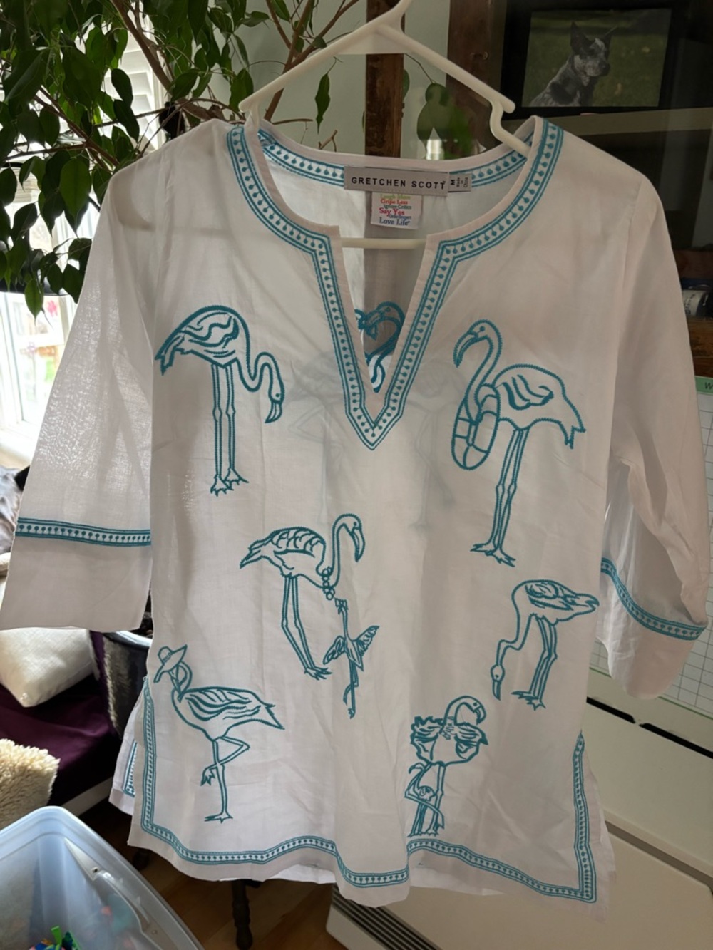 Gretchen Scott Designs White Tunic Top with Turquoise Flamingo Embroidery